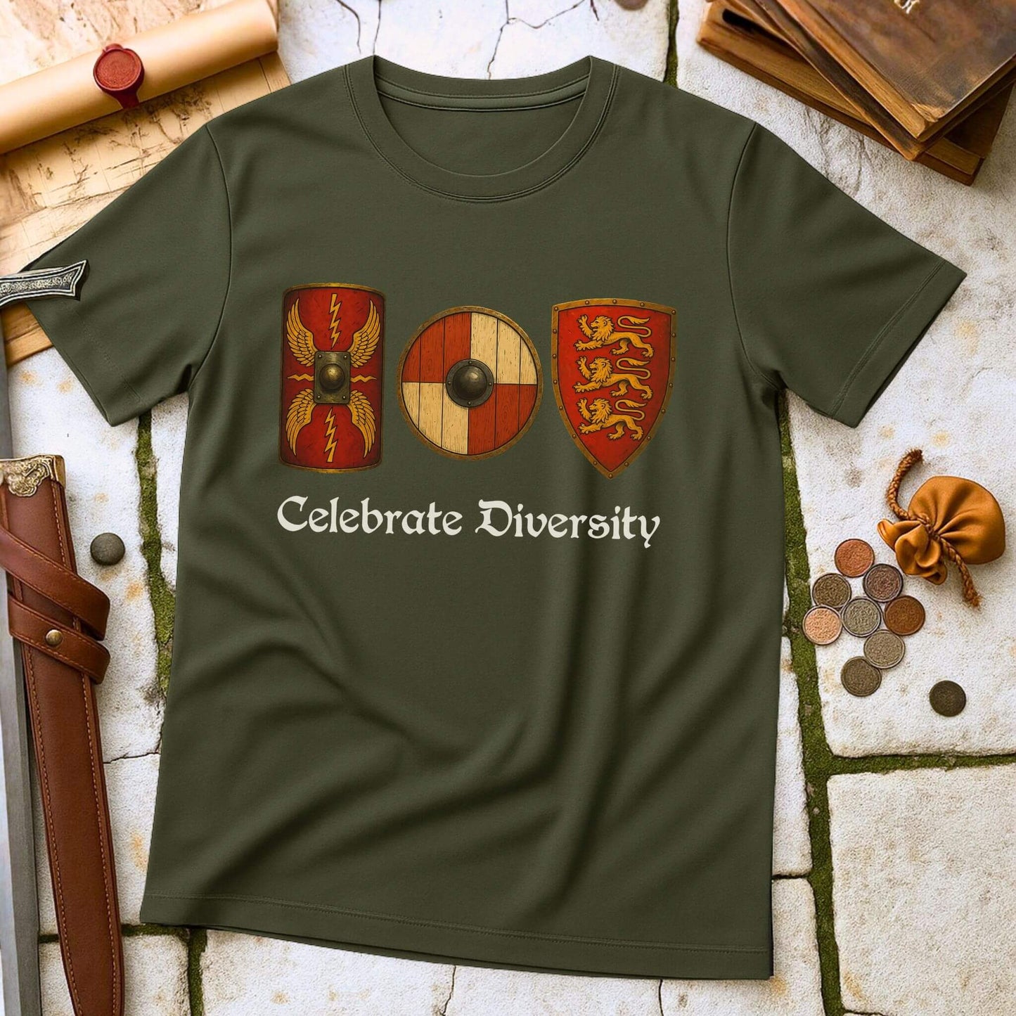 Celebrate Diversity Shields T-Shirt | Roman Viking Medieval History Tee | Military History Parody Gift