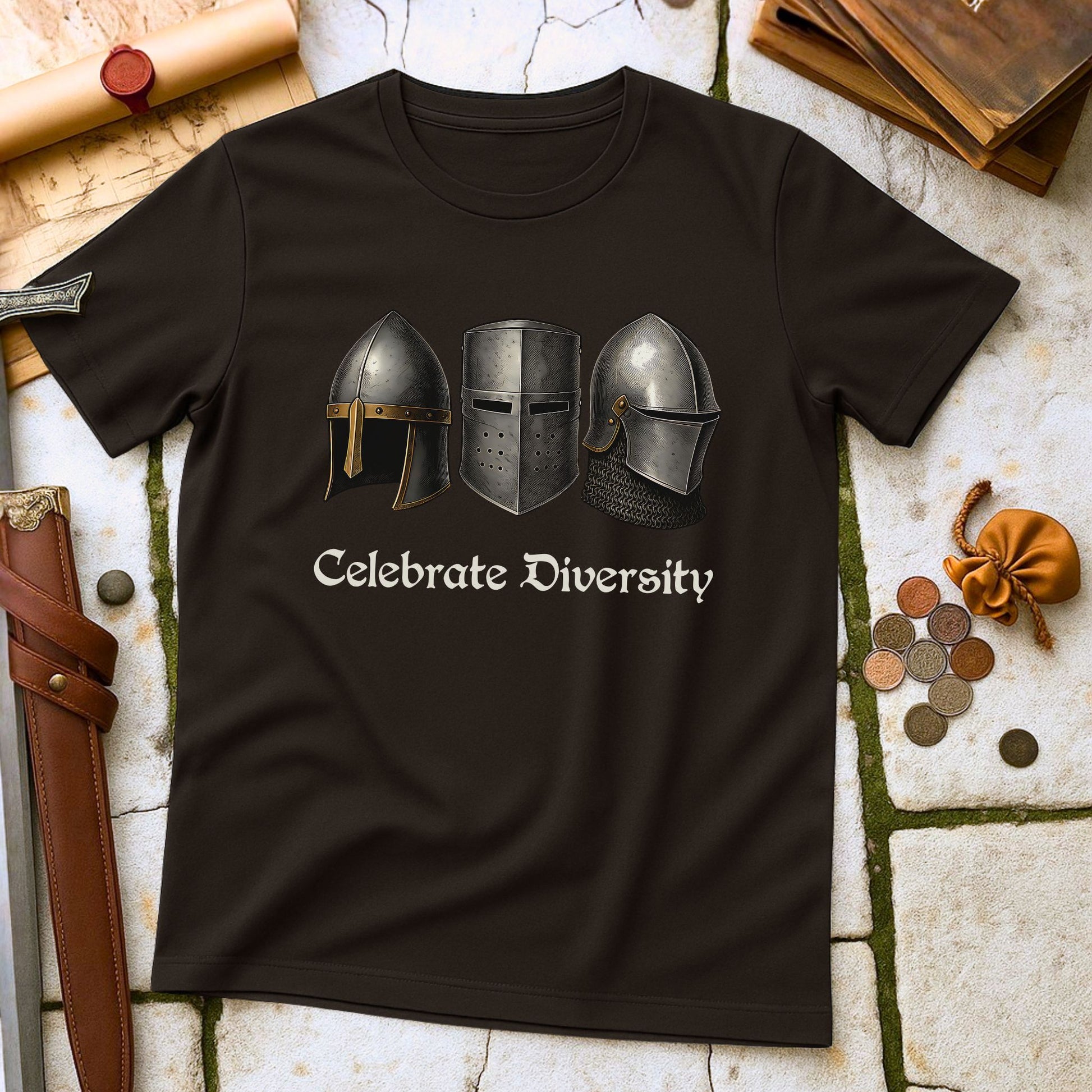 Dark Chocolate t-shirt with helmet design and 'Celebrate Diversity' text on a stone surface with historical items.