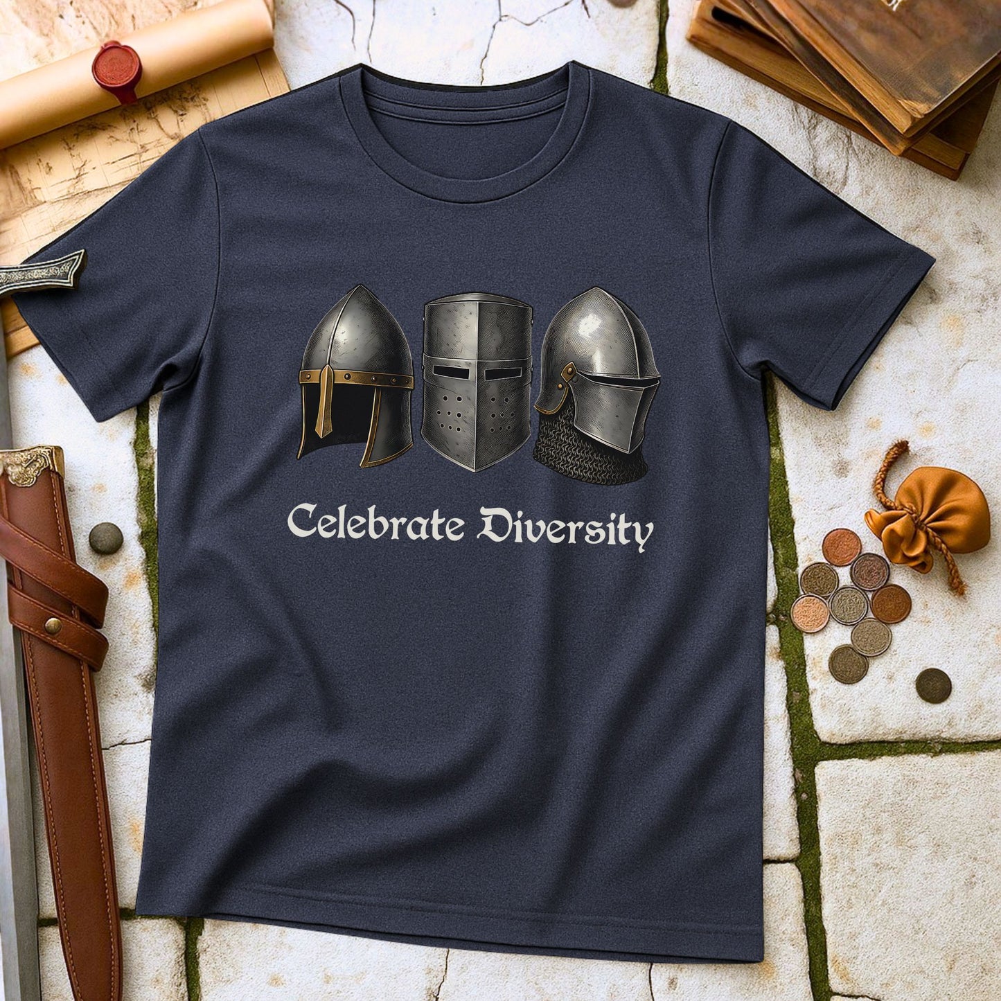 Heather Navy blue t-shirt with medieval helmets design and 'Celebrate Diversity' text on a stone surface.