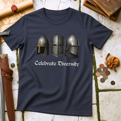 Heather Navy blue t-shirt with medieval helmets design and 'Celebrate Diversity' text on a stone surface.