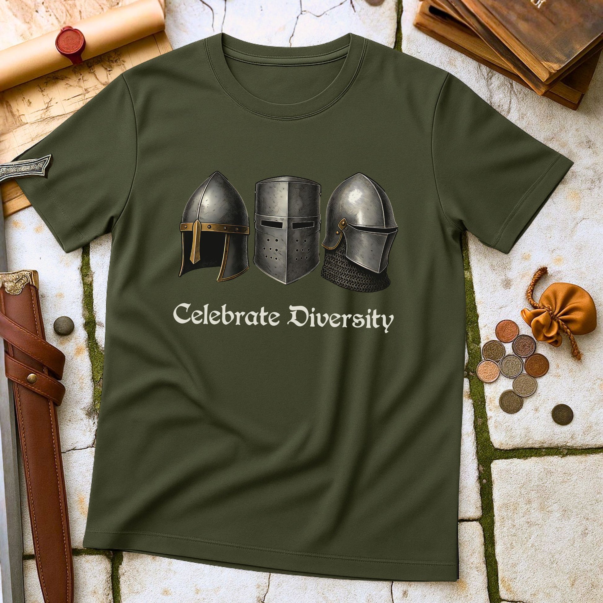 Military Green t-shirt with medieval helmets design and 'Celebrate Diversity' text on a stone surface with historical props.