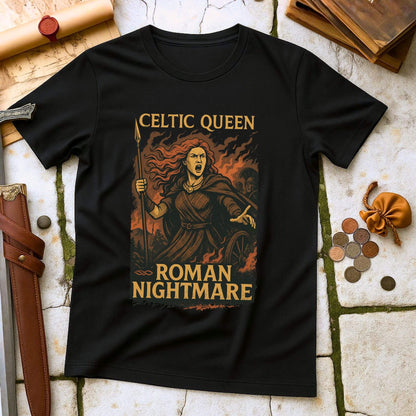 Black t-shirt with 'Celtic Queen, Roman Nightmare' design on a stone surface with historical props.