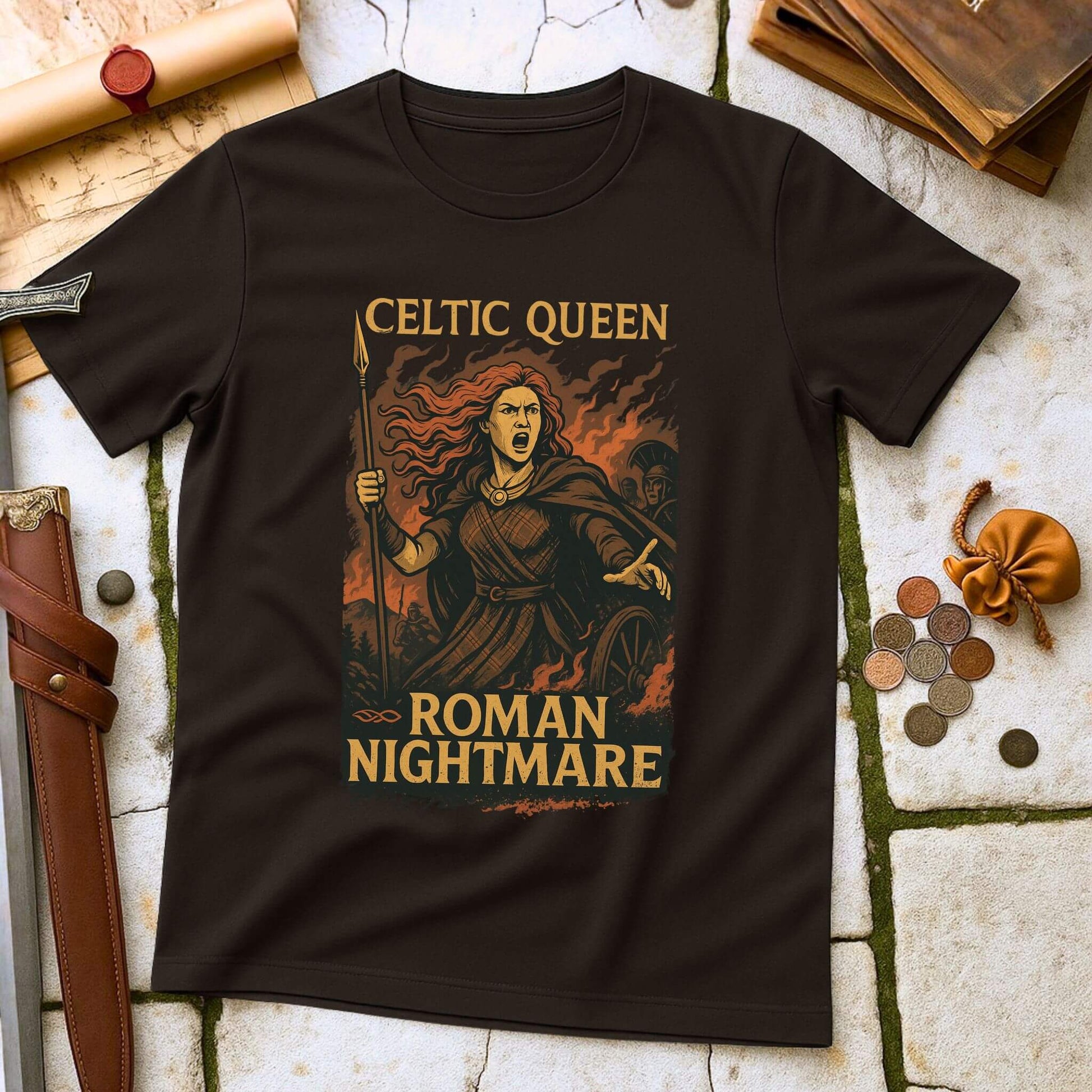 Black t-shirt with 'Celtic Queen, Roman Nightmare' design on a stone surface with historical props.