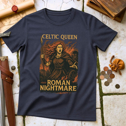 Navy blue t-shirt with 'Celtic Queen, Roman Nightmare' design on a stone surface with historical props.