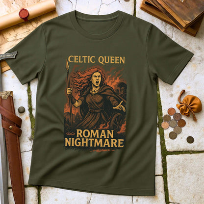 Green t-shirt with a graphic design of a woman labeled 'Celtic Queen, Roman Nightmare' on a stone surface with historical props.