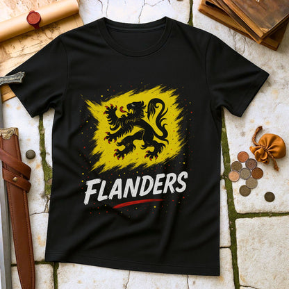 Black t-shirt with yellow lion emblem and 'FLANDERS' text on a stone surface with coins and a belt.
