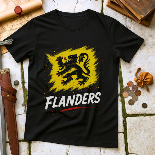 Black t-shirt with yellow lion emblem and 'FLANDERS' text on a stone surface with coins and a belt.