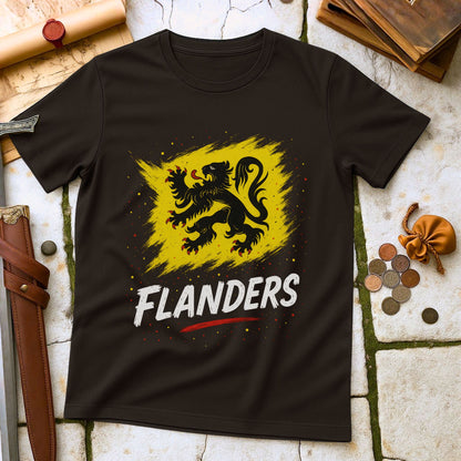 Dark Chocolate t-shirt with yellow lion emblem and 'FLANDERS' text on a stone surface with medieval-themed items.