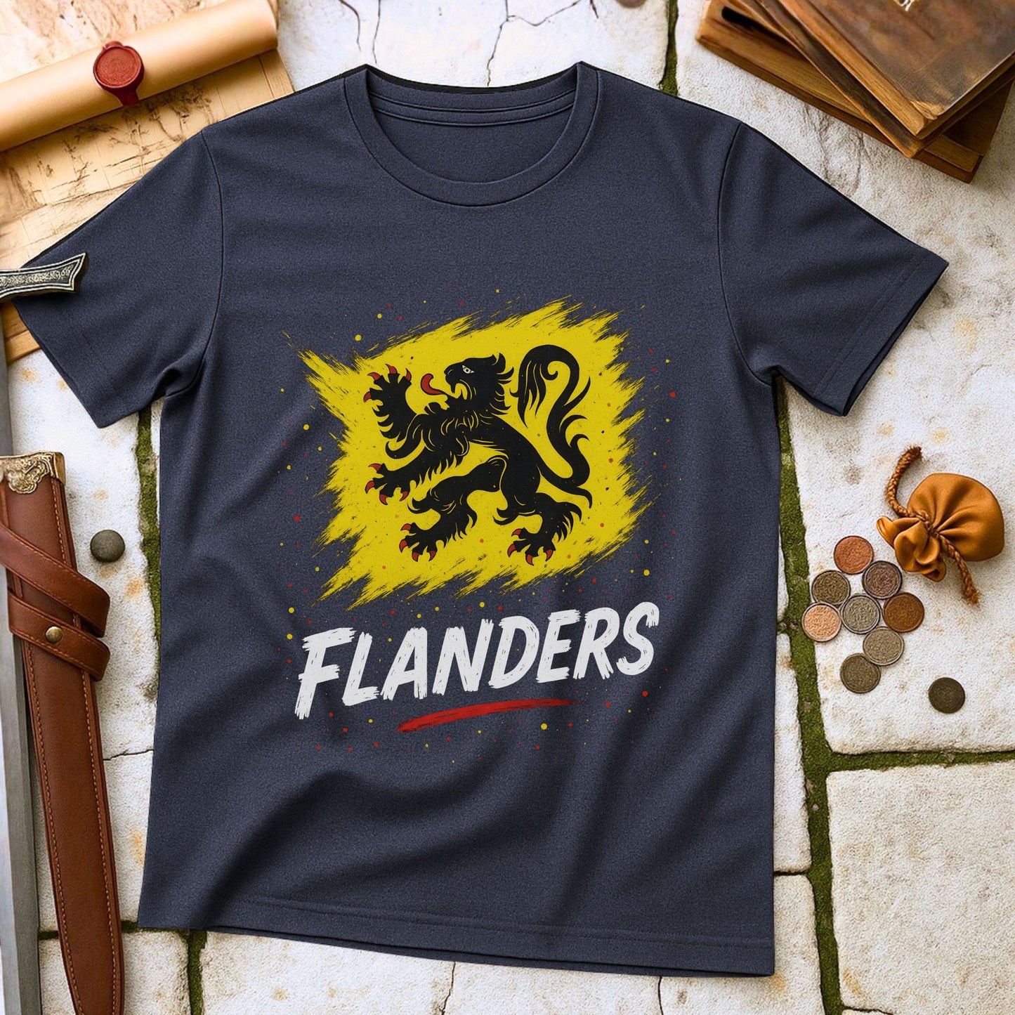  Heather Navy blue t-shirt with a yellow lion emblem and 'FLANDERS' text on a textured surface.