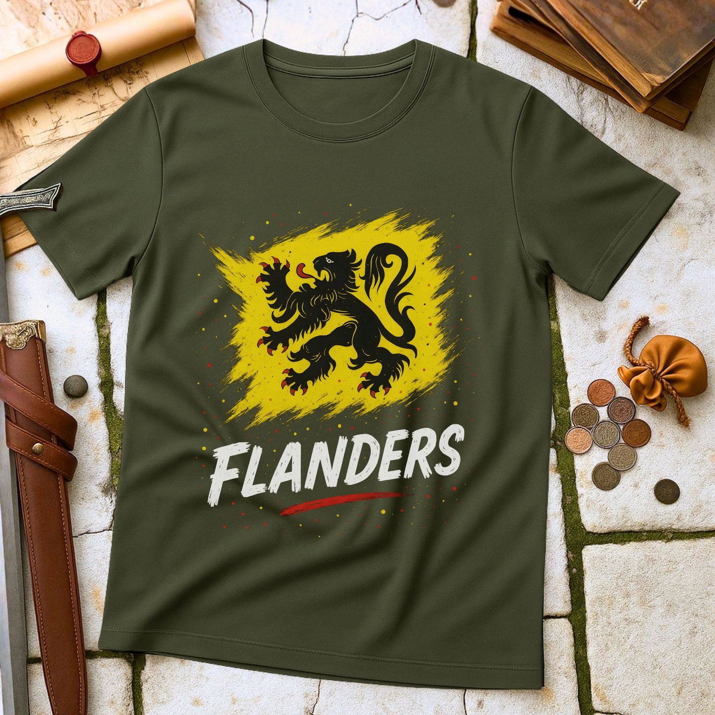 Military Green t-shirt with a lion emblem and 'FLANDERS' text on a stone surface with historical items.