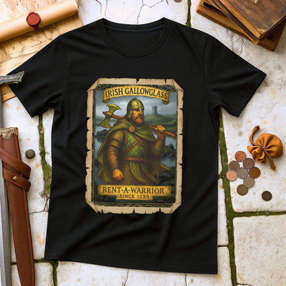 Black t-shirt with a graphic of a Irish Gallowglass warrior and text on a stone surface with historical props.
