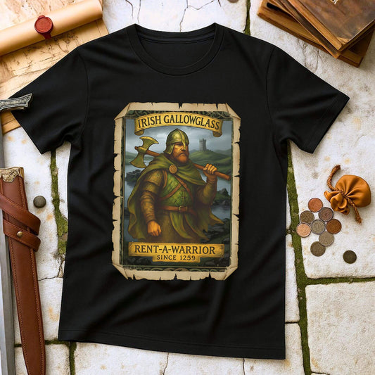 Black t-shirt with a graphic of a Irish Gallowglass warrior and text on a stone surface with historical props.