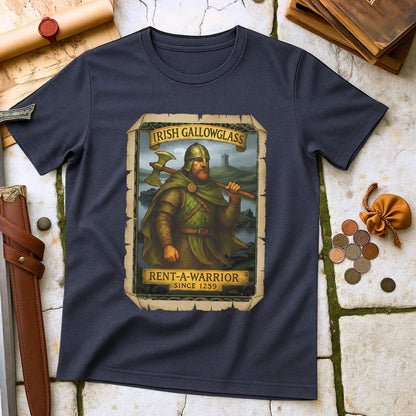 Heather Navy t-shirt with a graphic of a Irish Gallowglass warrior and text on a stone surface with historical props.