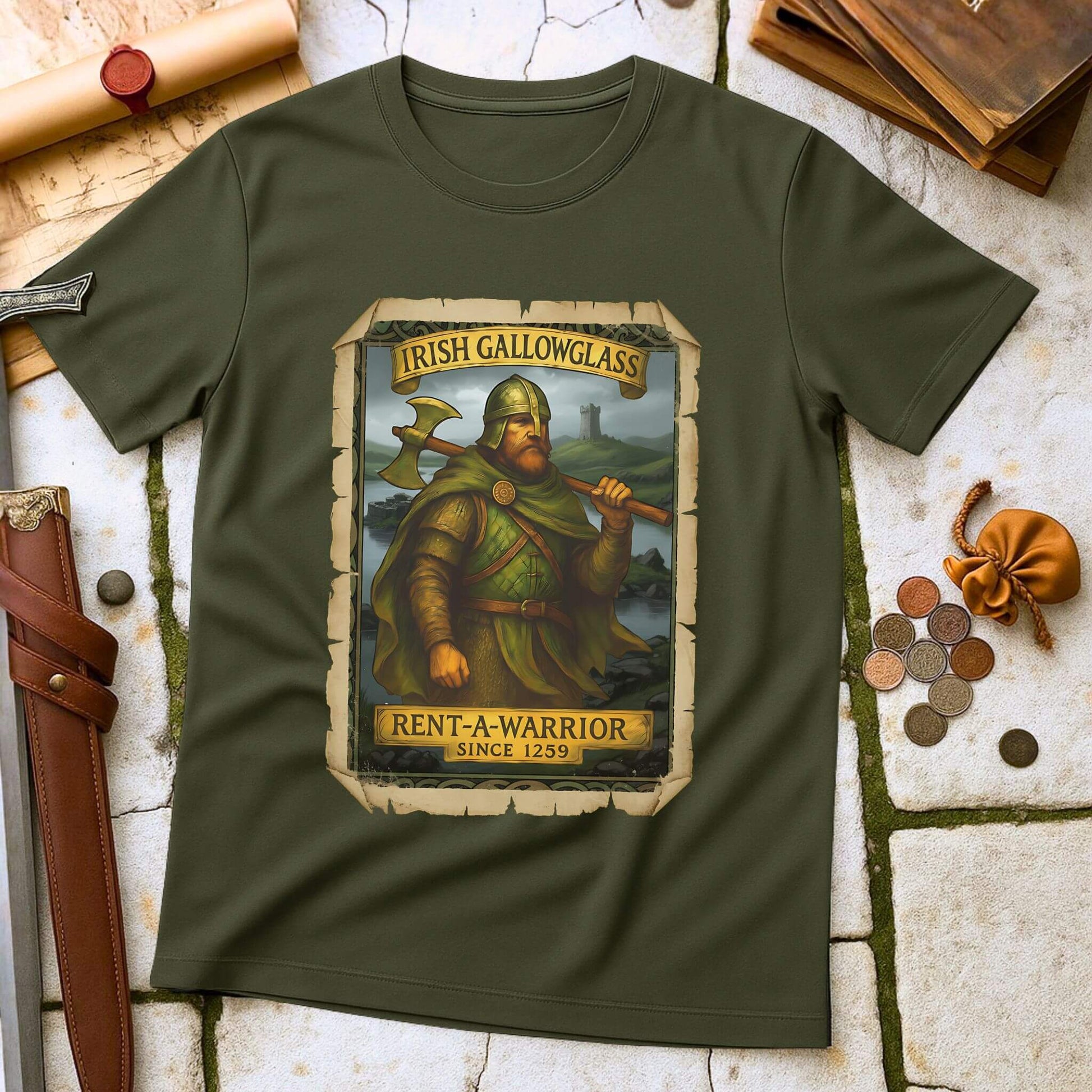Military Green t-shirt with a graphic of a Irish Gallowglass warrior and text on a stone surface with historical props.