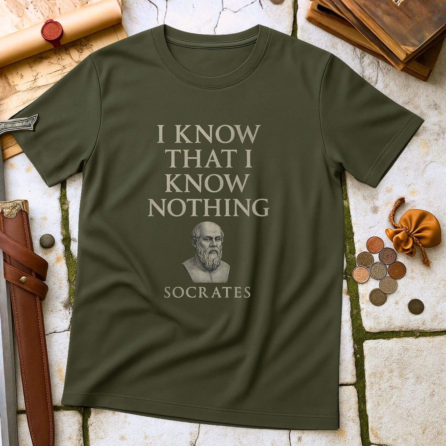 Heather Navy t-shirt with 'I Know That I Know Nothing' Socrates quote on a textured surface with classical items.