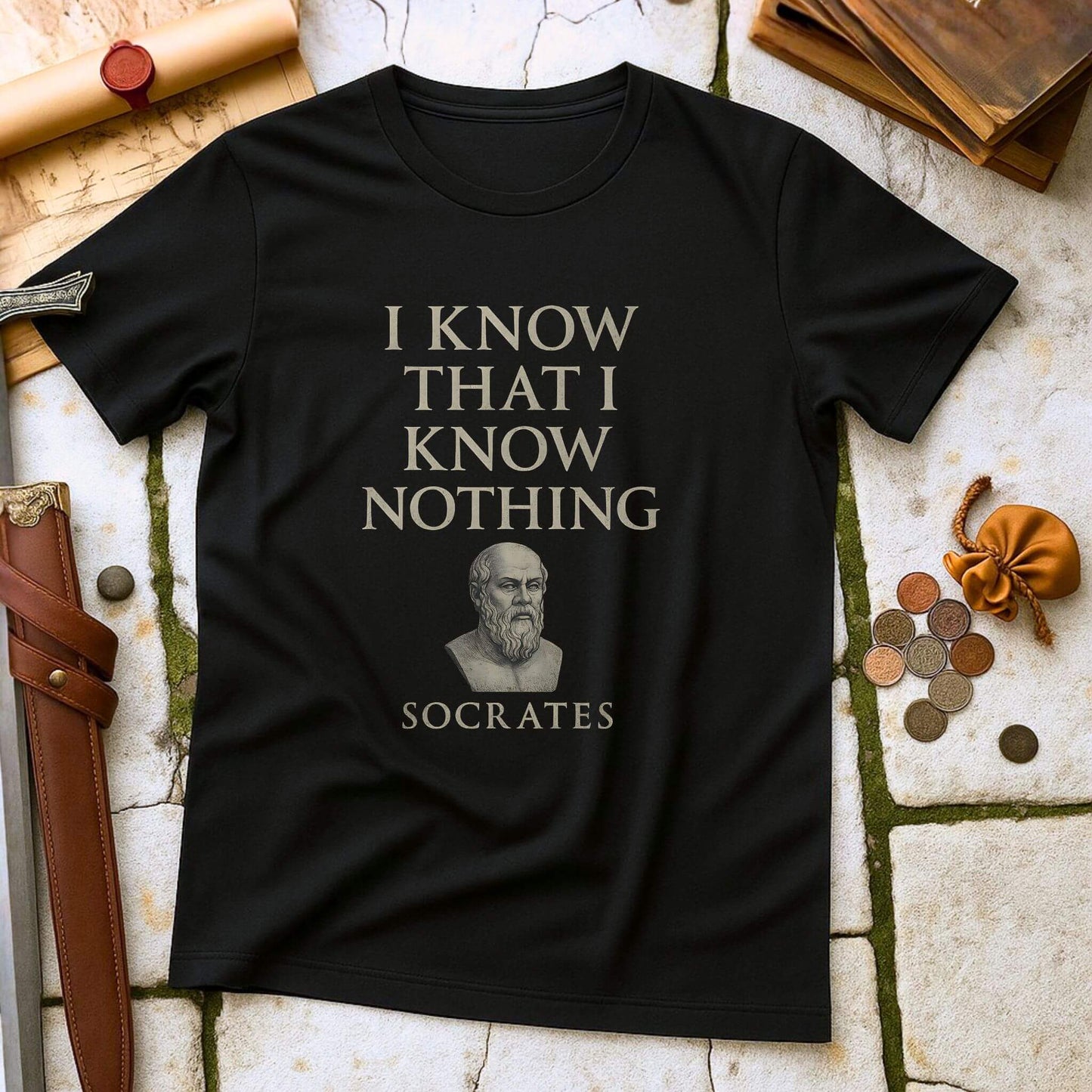 Black t-shirt with 'I Know That I Know Nothing' Socrates quote on a stone surface with historical items.