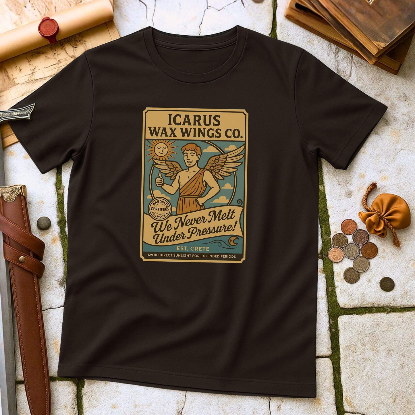 Dark Chocolate t-shirt with 'Icarus Wax Wings Co.' graphic on a stone surface with coins and a belt.