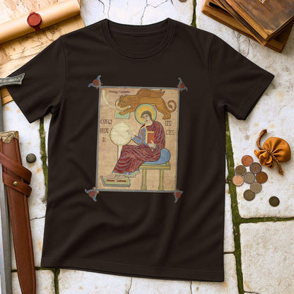 Dark Chocolate t-shirt with a medieval-style illustration on a stone surface with coins and books.