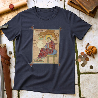 Heather Navy t-shirt with an iIlluminated Manuscript graphic on a stone surface.