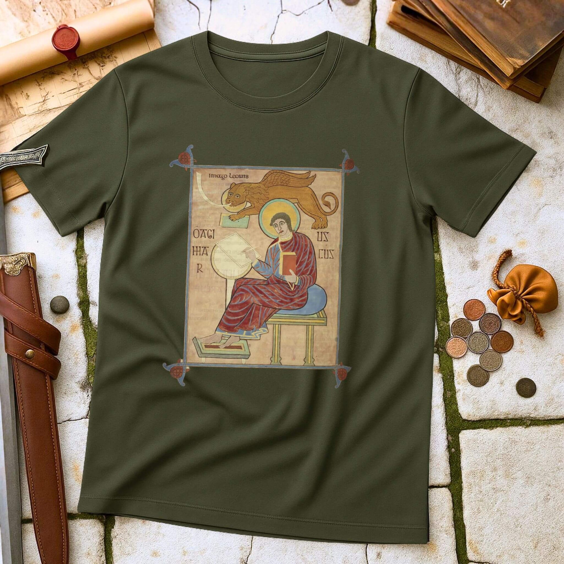 Military Green t-shirt with a medieval-style illustration on a stone surface with coins and books.
