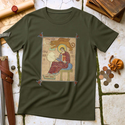 Military Green t-shirt with a medieval-style illustration on a stone surface with coins and books.
