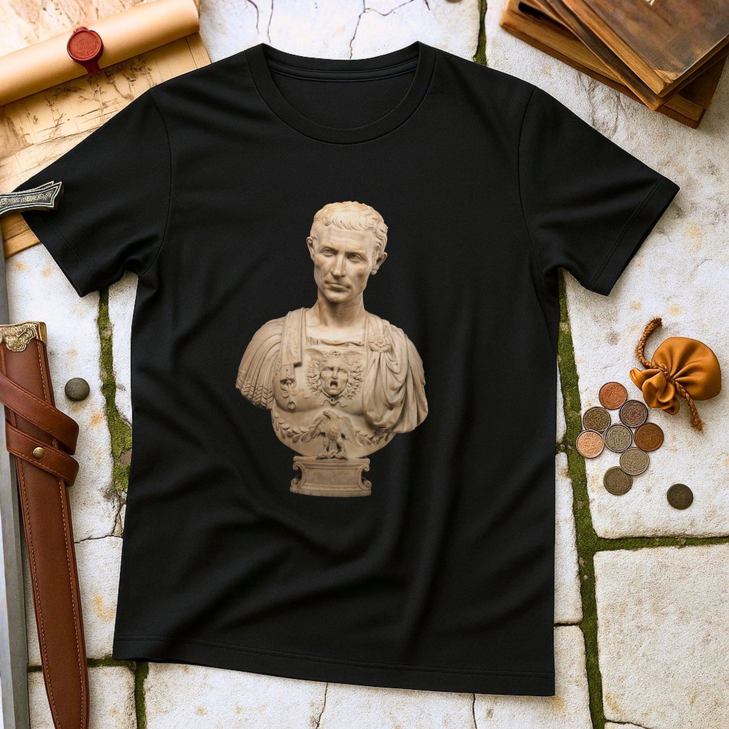 Julius Caesar Roman Emperor T-Shirt on a stone surface with historical items.