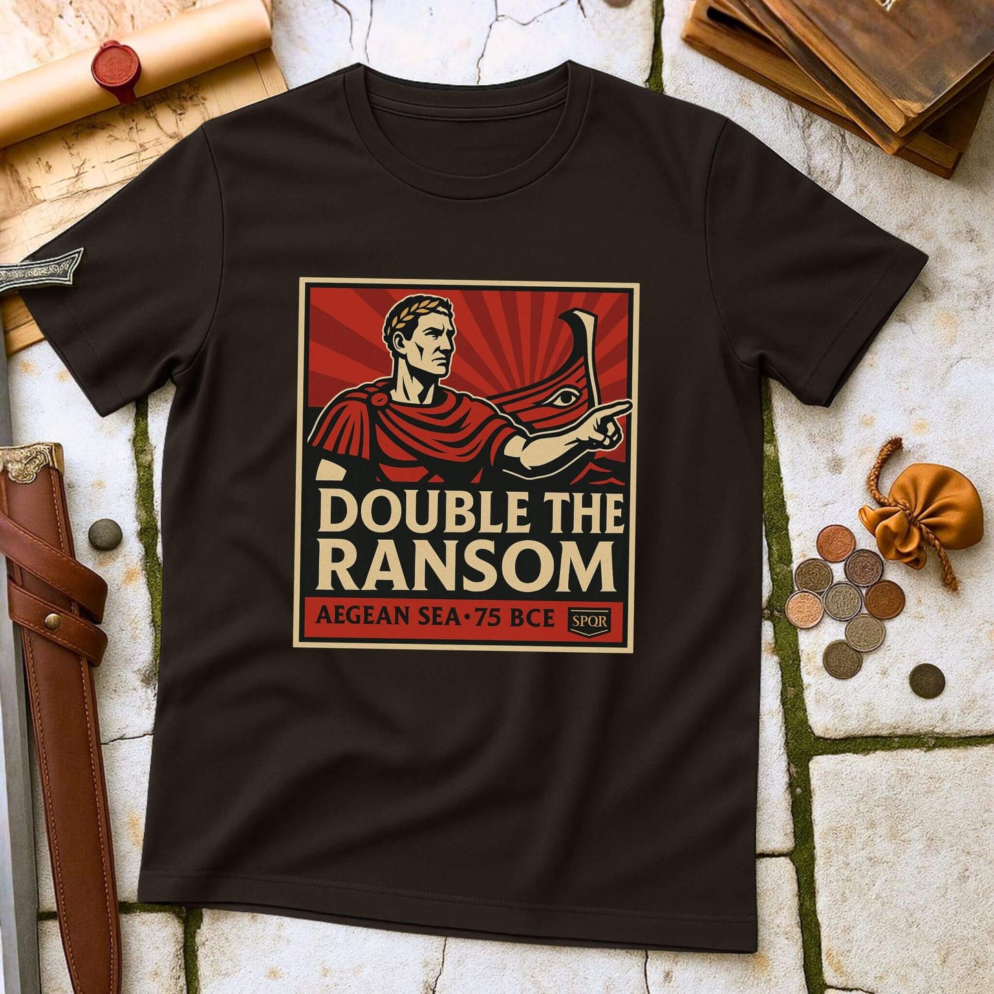 Dark Chocolate t-shirt with 'Double the Ransom' graphic design on a stone surface with coins and a belt.