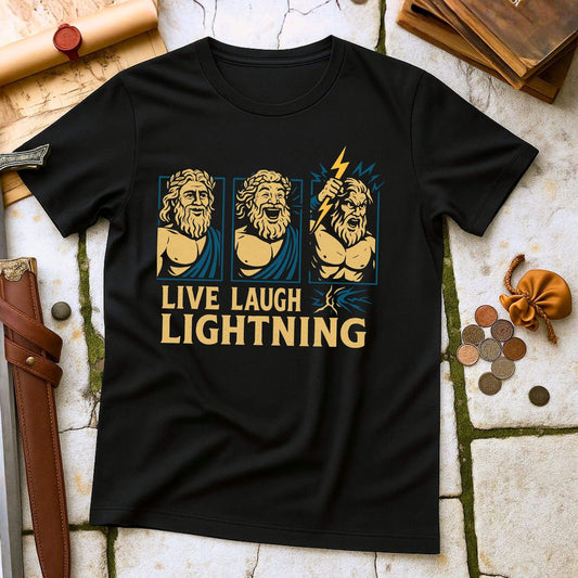 Black t-shirt with graphic design of Zeus and 'Live Laugh Lightning' text on a stone surface.