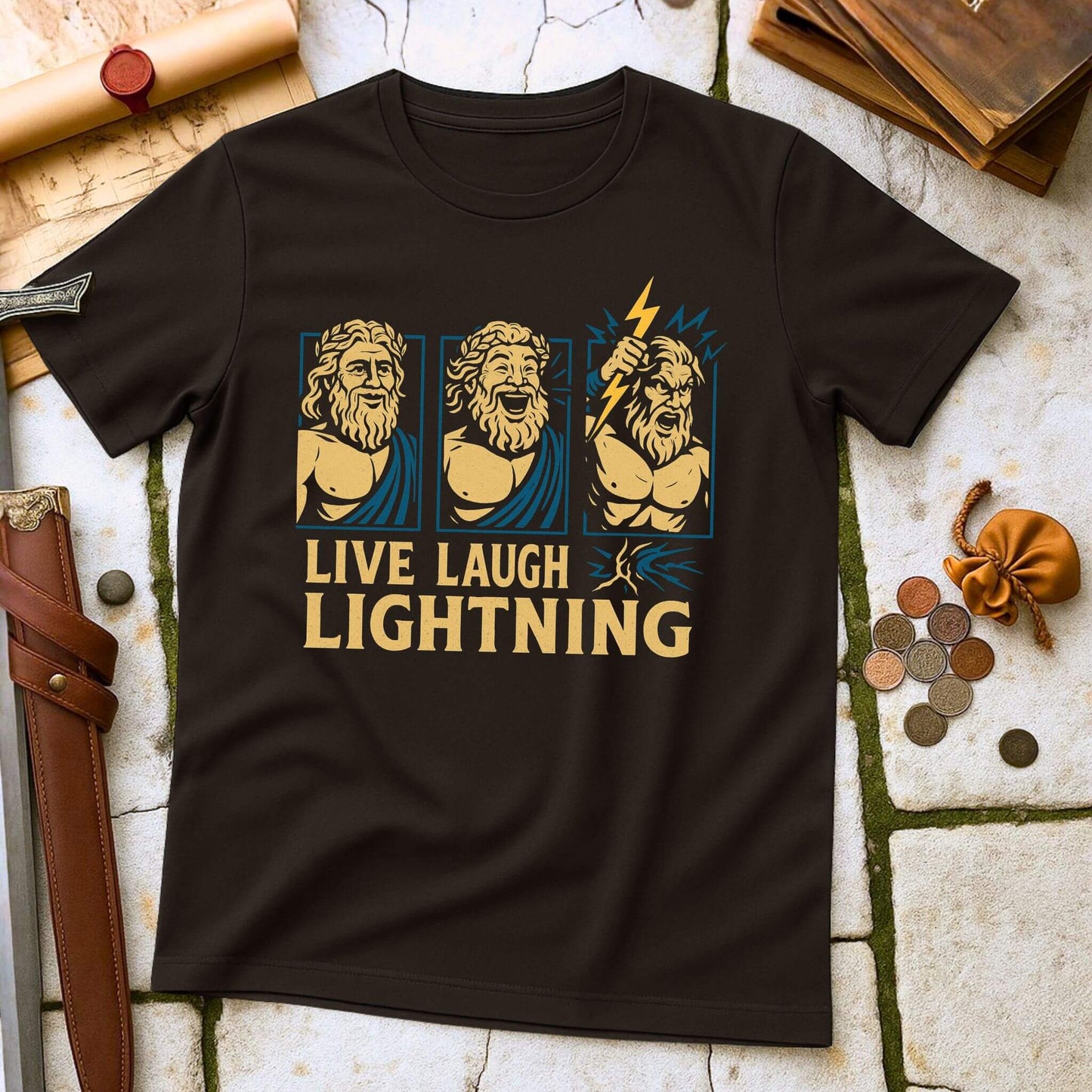 Dark_Chocolate t-shirt with graphic of Zeus and 'Live Laugh Lightning' text on a stone surface.