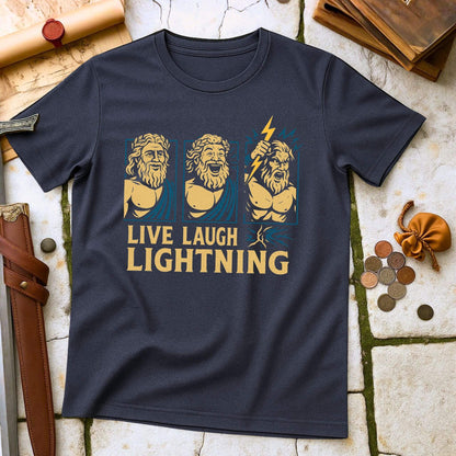 Black t-shirt with a Zeus graphic design and text 'Live Laugh Lightning' on a textured surface.