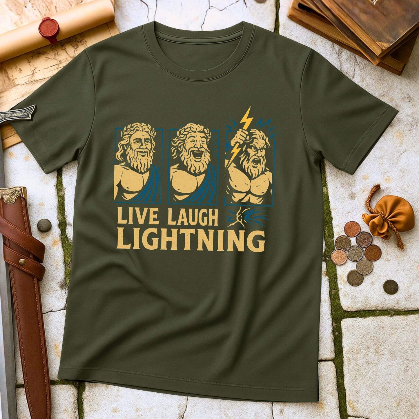 Military Green t-shirt with graphic of Zeus and text 'Live Laugh Lightning' on a textured surface.