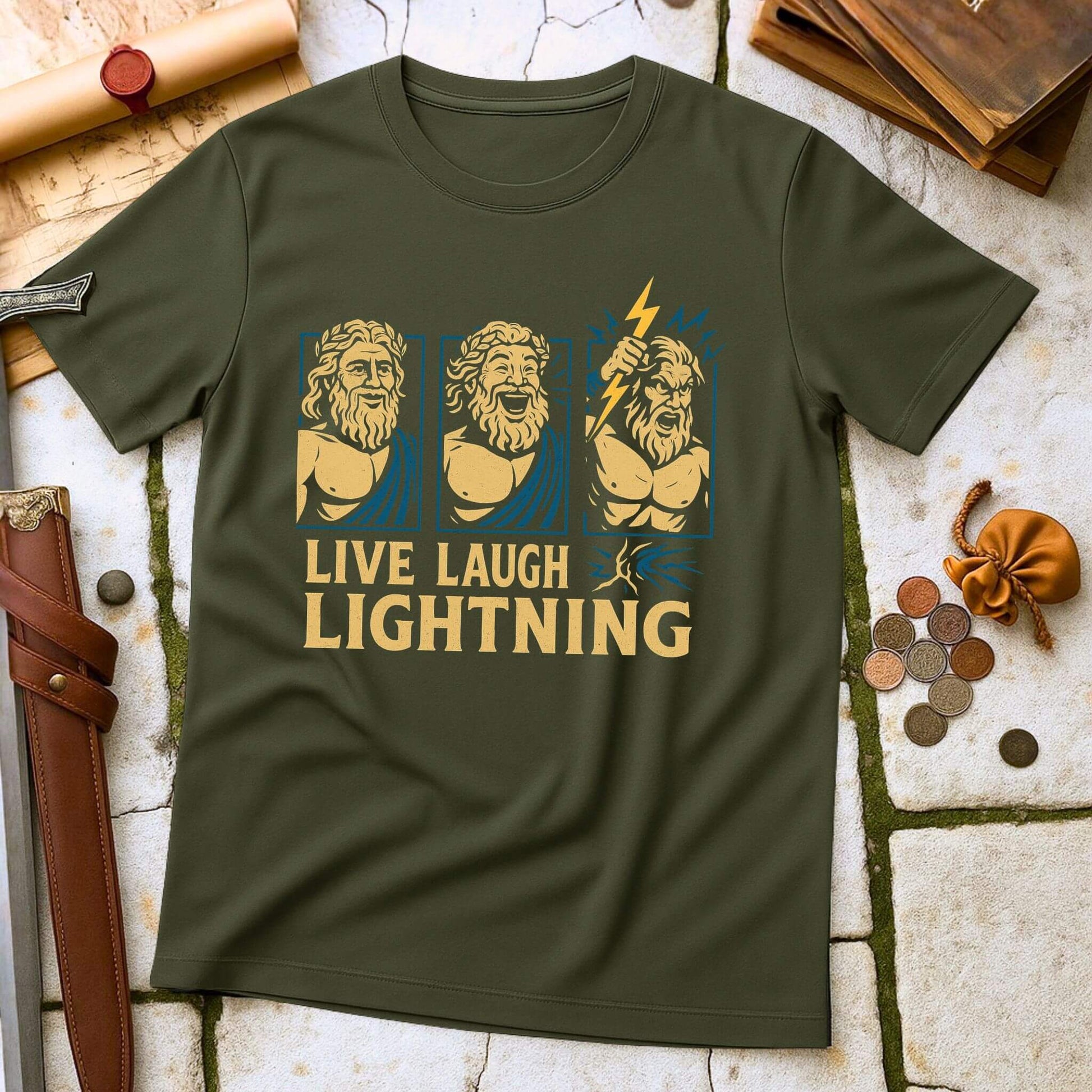 Military Green t-shirt with graphic of Zeus and text 'Live Laugh Lightning' on a textured surface.