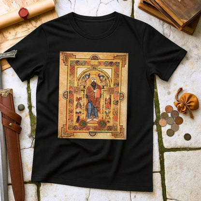 Manuscript T-Shirt Black with a decorative design of a figure in a frame on a textured surface.