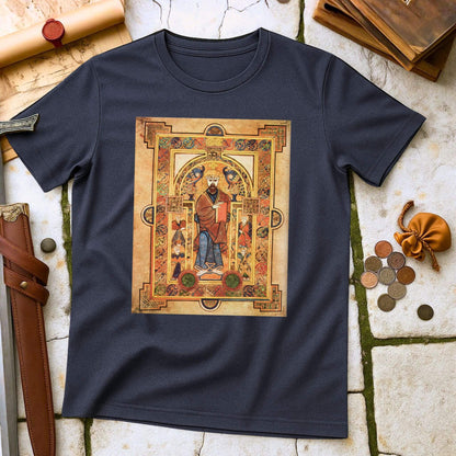 Manuscript T-Shirt Heather Navy with a decorative design of a figure in a frame on a textured surface.