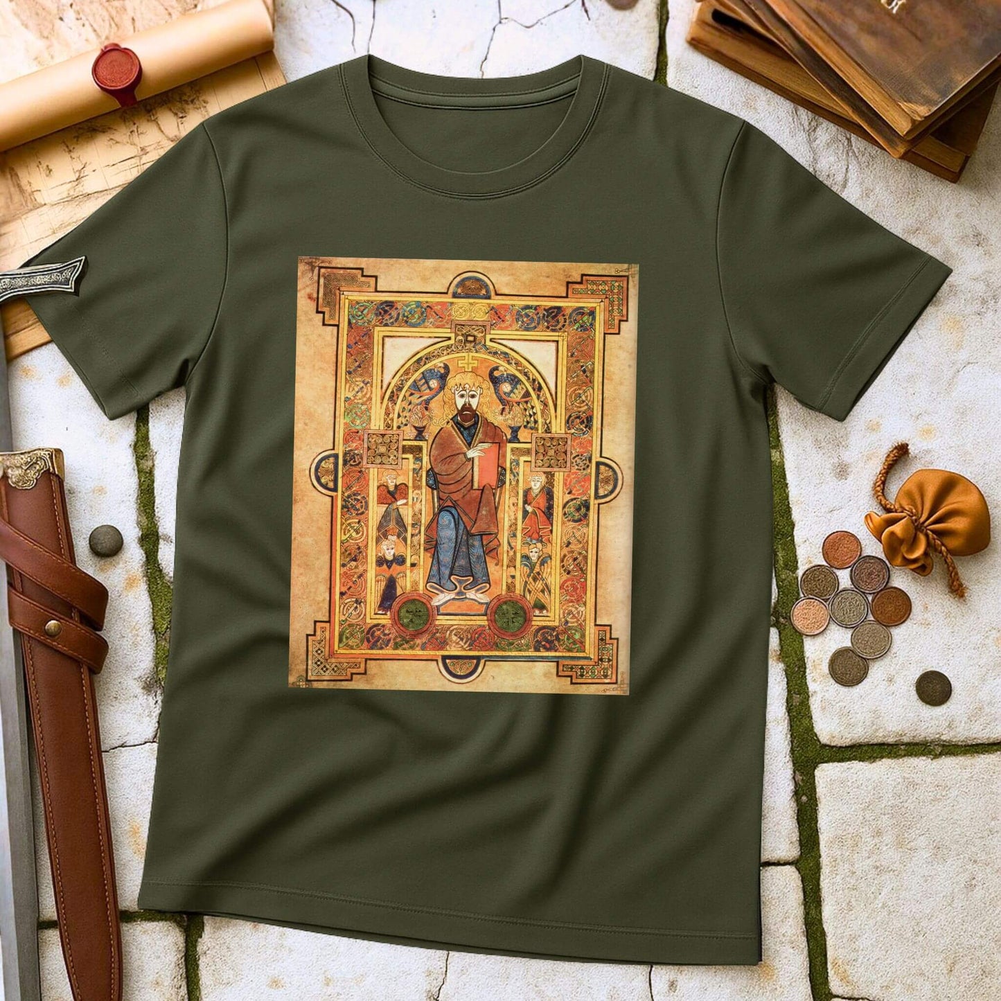 Manuscript T-Shirt Military Green with a decorative design of a figure in a frame on a textured surface.