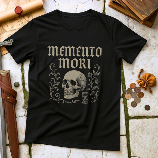 Black t-shirt with 'memento mori' design featuring a skull and hourglass on a textured surface.