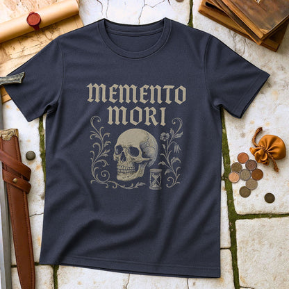 Black t-shirt with 'memento mori' design featuring a skull and hourglass on a textured surface.