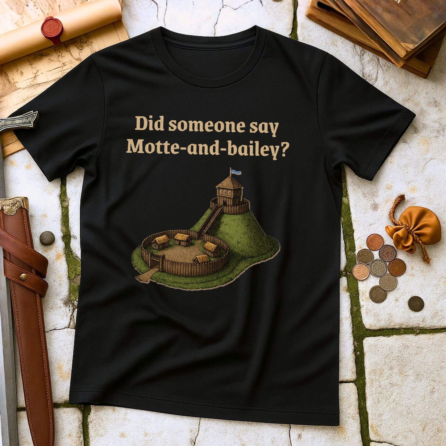 Black t-shirt with a graphic and text " Did someone say Motte and Bailey" on a stone surface with props.