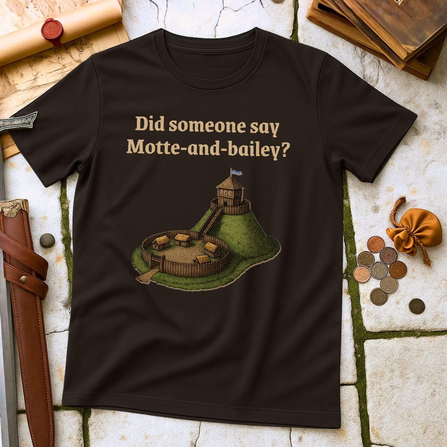 Dark Chocolate t-shirt with a graphic and text " Did someone say Motte and Bailey" on a stone surface with props.