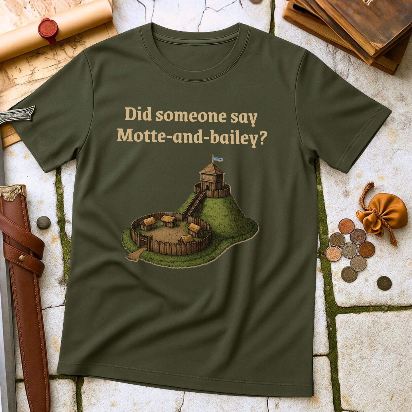 Military Green t-shirt with a graphic and text " Did someone say Motte and Bailey" on a stone surface with props.