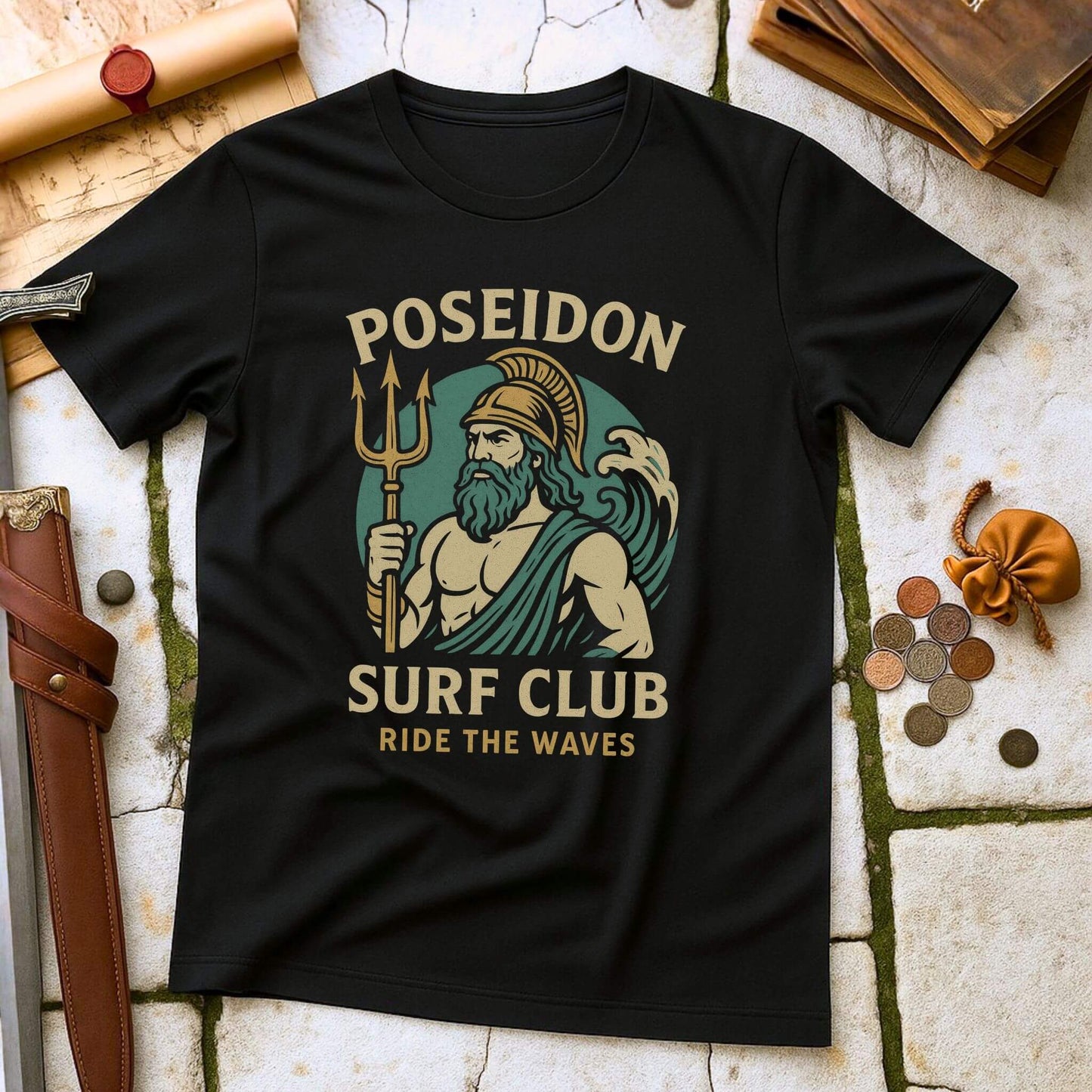 Black t-shirt with Poseidon graphic and 'Poseidon Surf Club Ride the Waves' text on a stone surface.