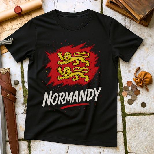Black t-shirt with red and yellow lion design and 'Normandy' text on a stone surface.