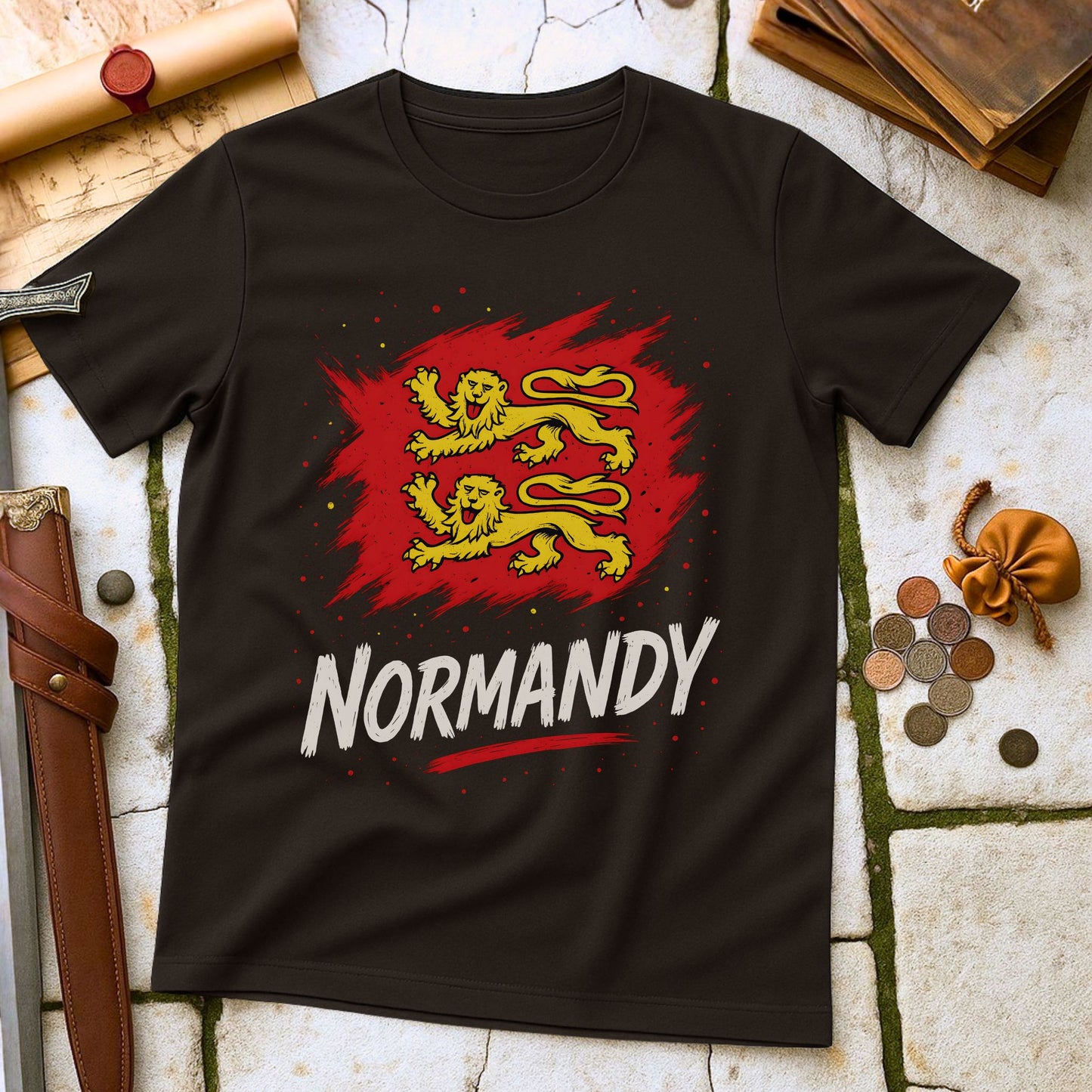 Dark Chocolate t-shirt with red and yellow lion design and 'Normandy' text on a stone surface.