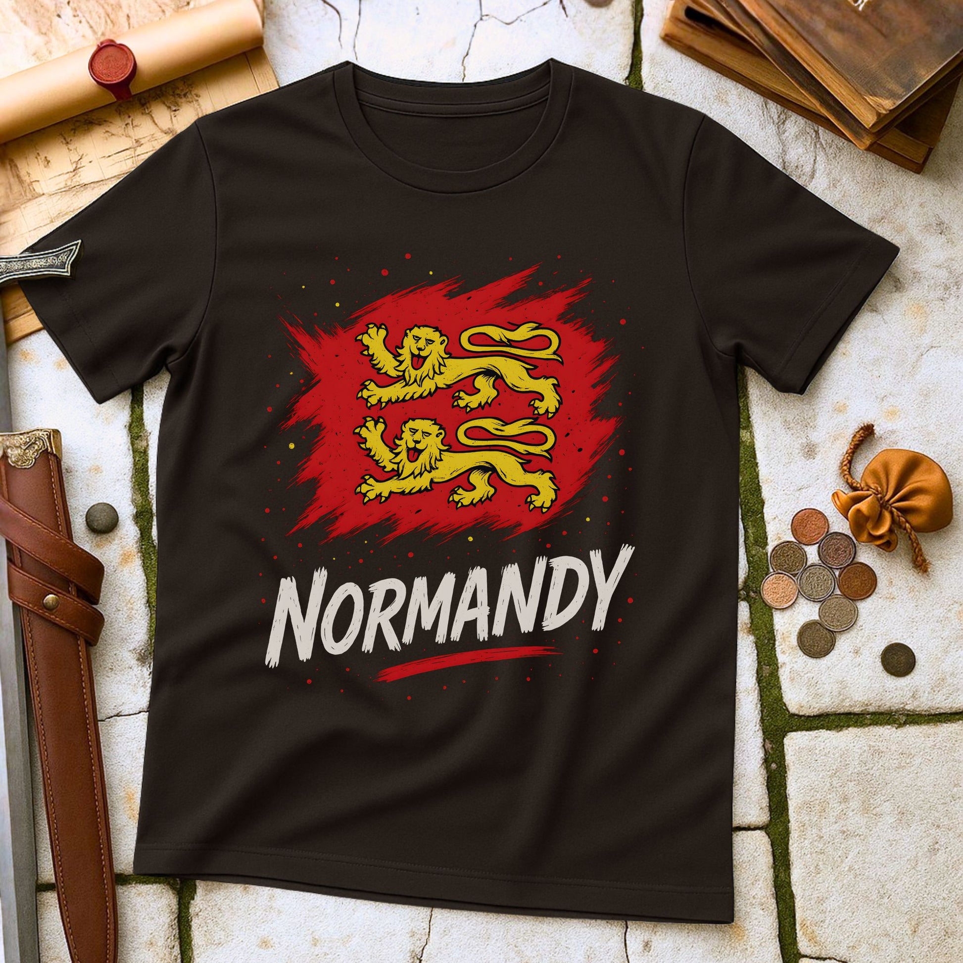 Dark Chocolate t-shirt with red and yellow lion design and 'Normandy' text on a stone surface.