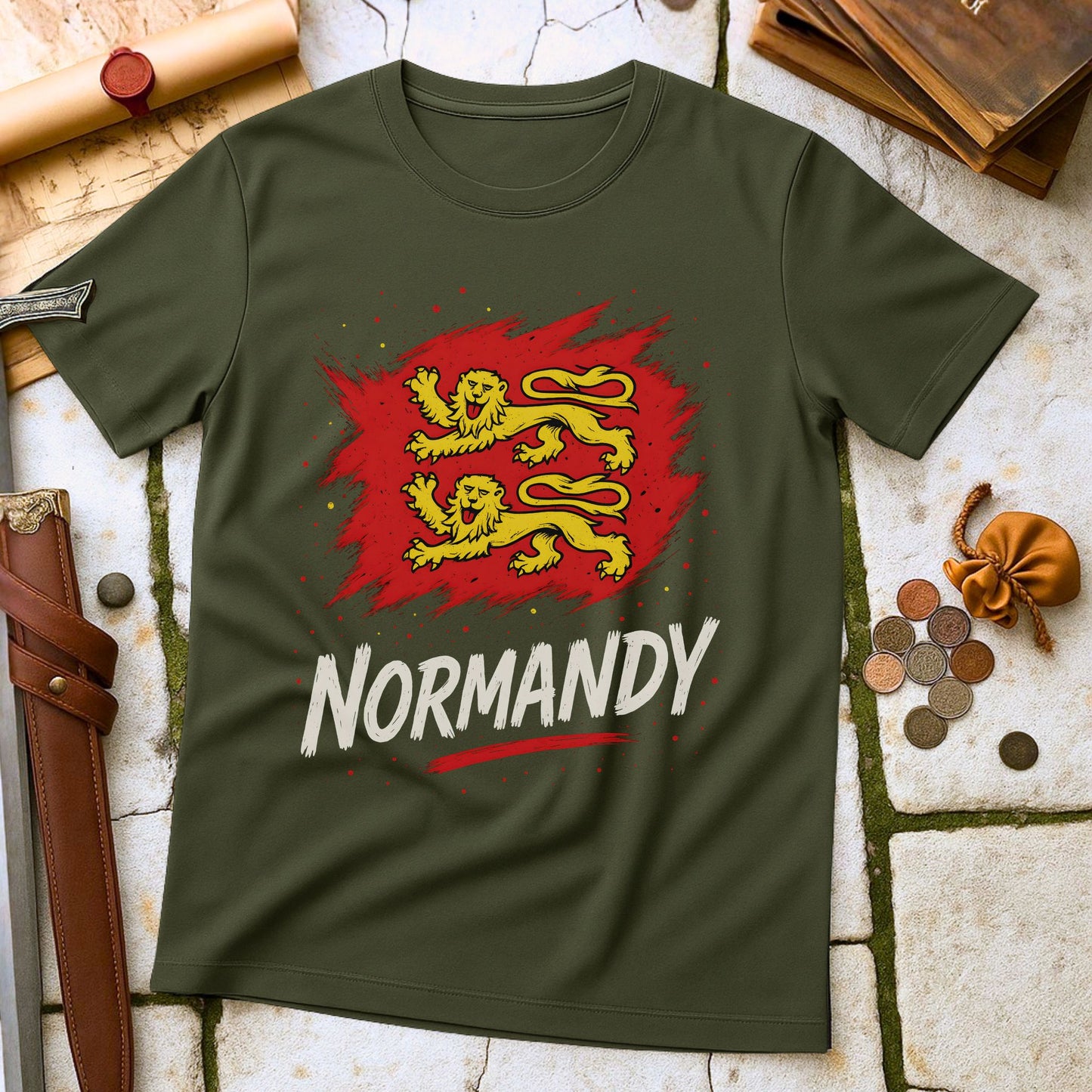 Military Green t-shirt with red and yellow lion design and 'Normandy' text on a stone surface.