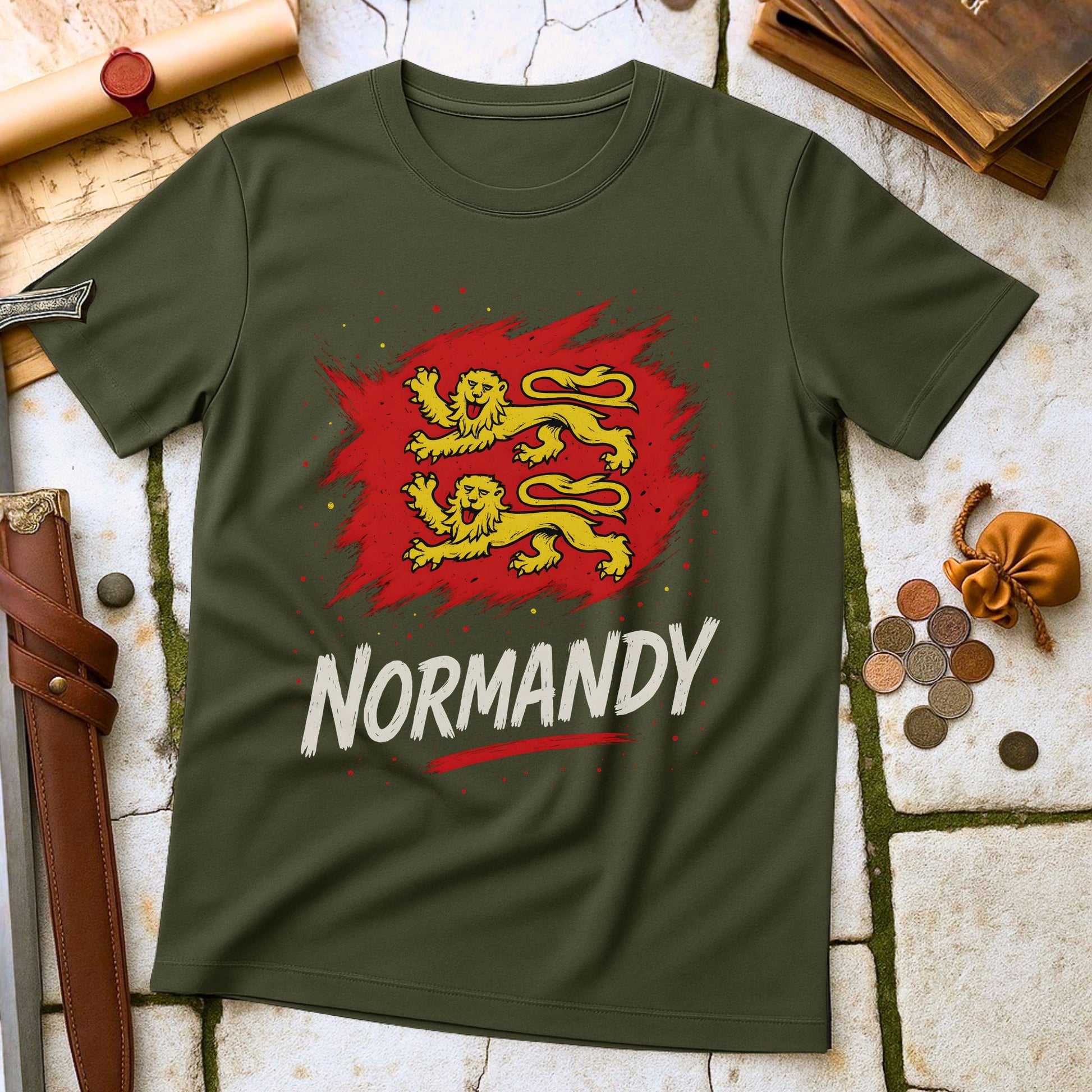 Military Green t-shirt with red and yellow lion design and 'Normandy' text on a stone surface.
