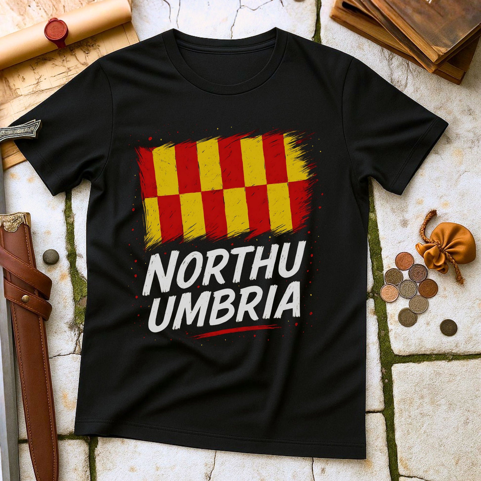Black t-shirt with red and yellow flag design and 'NORTHUMBRIA' text on a stone surface.