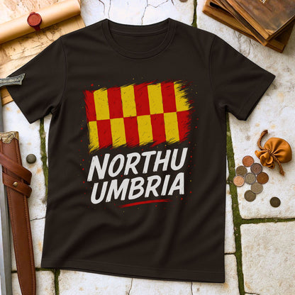 Dark Chocolate t-shirt with red and yellow flag design and 'NORTHUMBRIA' text on a stone surface.