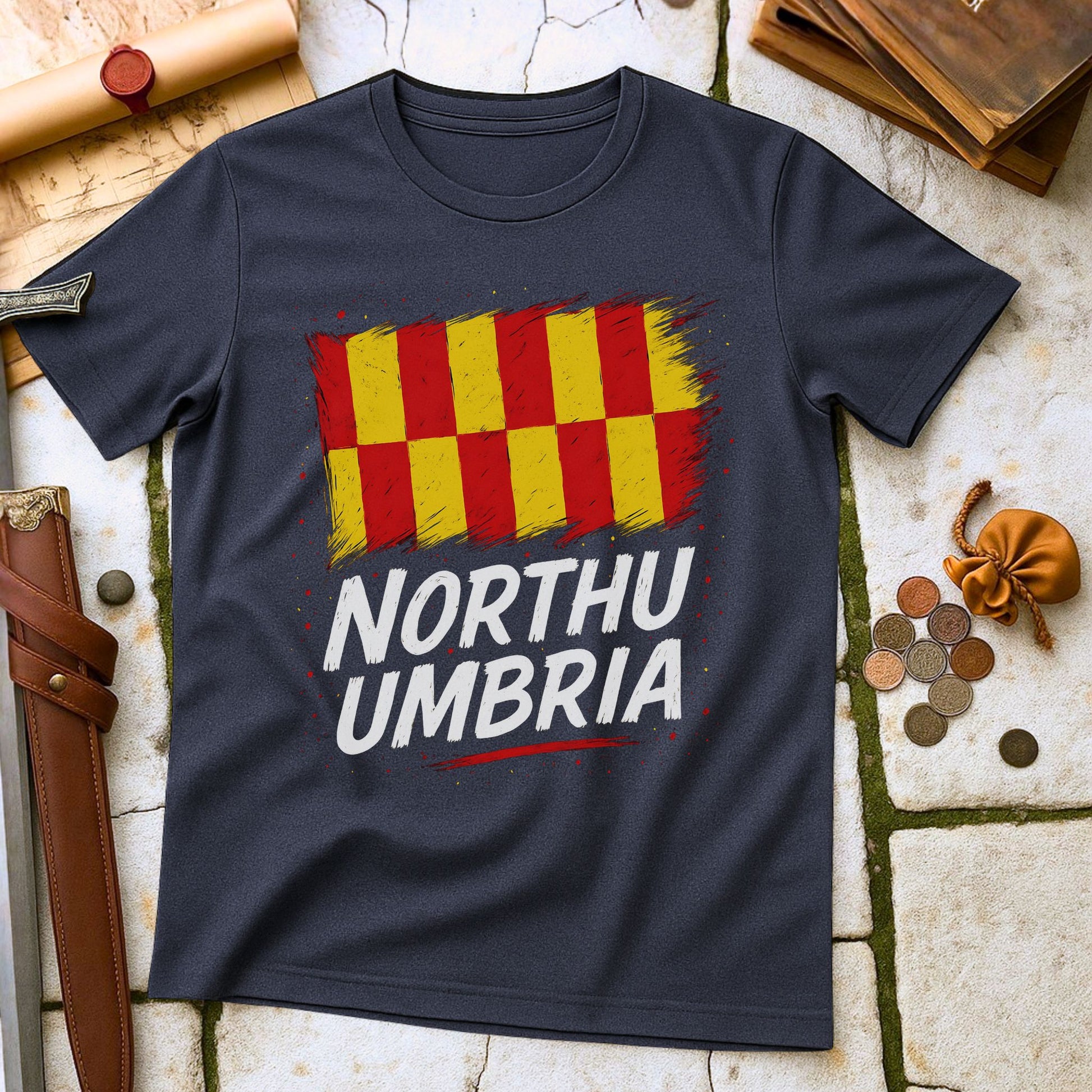 Heather Navy blue t-shirt with red and yellow flag design and 'North Umbria' text on a textured surface.