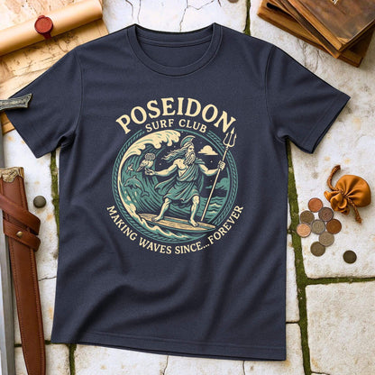 Heather Navy blue t-shirt with Poseidon graphic and text on a textured surface.